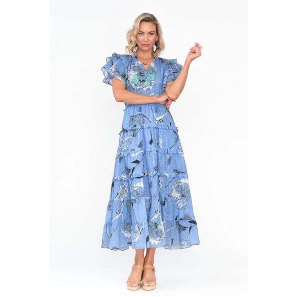 Maude Vivante Sana Blue Dandelion Cotton Tiered Maxi Dress‎ Boho Cottagecore S